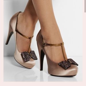 Lanvin Glitter Bow Blush Pink Satin T-Bar Pumps, Size 37, New